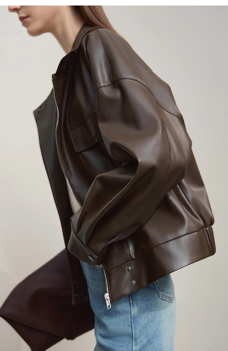 Amii Coat for Woman 2025 Autumn New Retro Modern Lapel Leather Jacket Women's Loose Long Sleeve Women's Leather Jacket 12543111