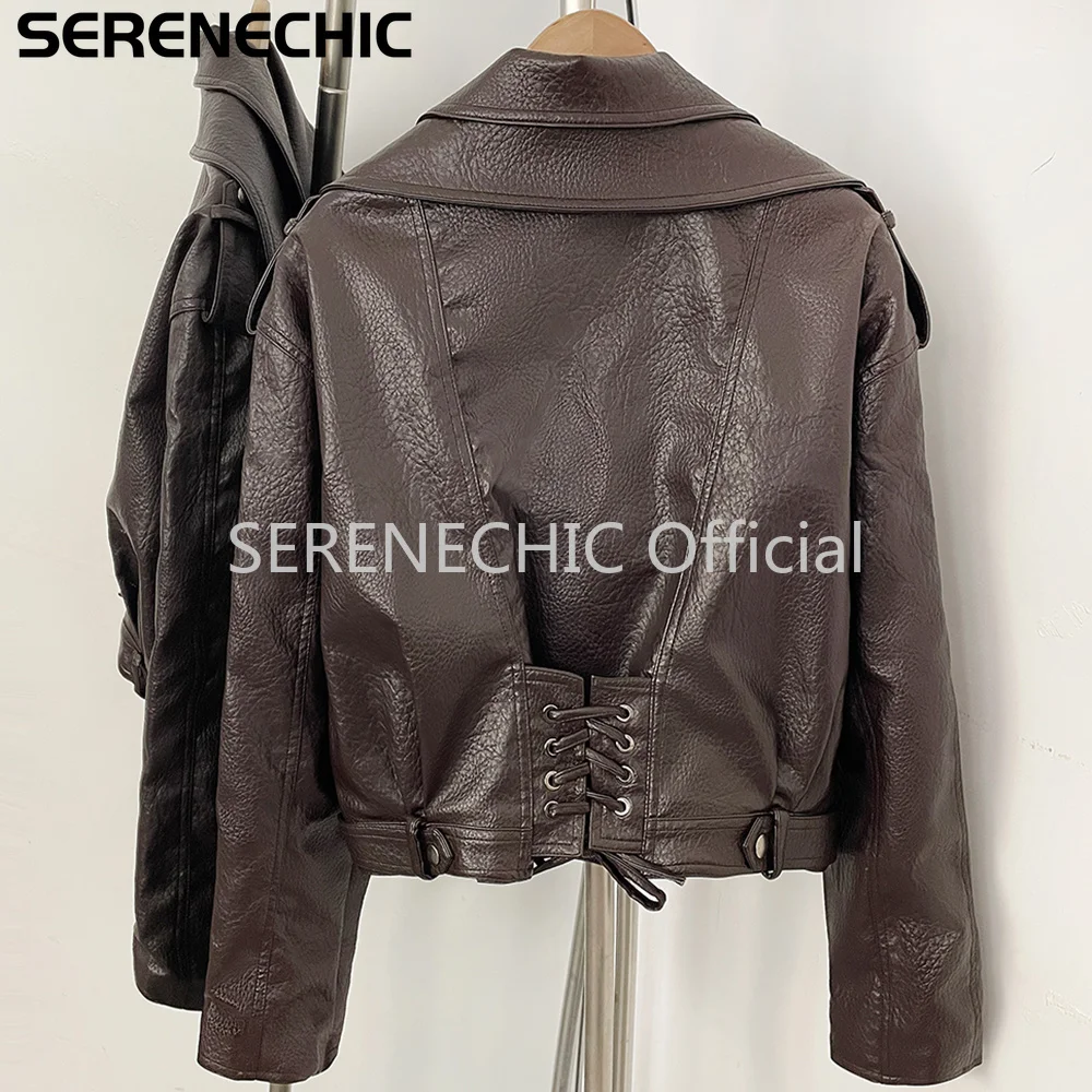 SERENECHIC Women's Black Faux Leather Cropped Moto Jacket Asymmetric Zip PU Biker Coat Female New Autumn Vintage Punk Outerwear