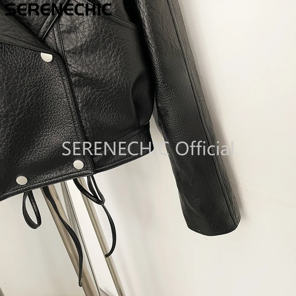 SERENECHIC Women's Black Faux Leather Cropped Moto Jacket Asymmetric Zip PU Biker Coat Female New Autumn Vintage Punk Outerwear