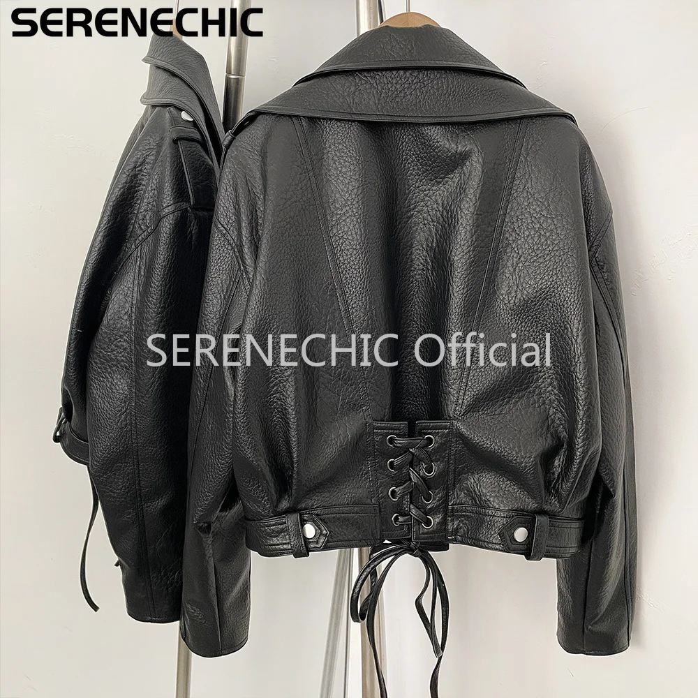 SERENECHIC Women's Black Faux Leather Cropped Moto Jacket Asymmetric Zip PU Biker Coat Female New Autumn Vintage Punk Outerwear