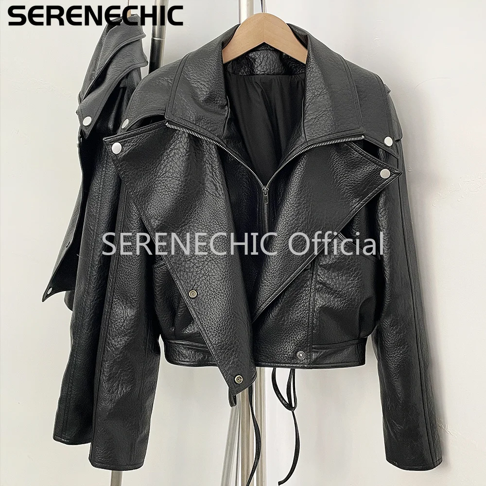 SERENECHIC Women's Black Faux Leather Cropped Moto Jacket Asymmetric Zip PU Biker Coat Female New Autumn Vintage Punk Outerwear