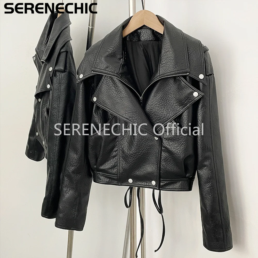 SERENECHIC Women's Black Faux Leather Cropped Moto Jacket Asymmetric Zip PU Biker Coat Female New Autumn Vintage Punk Outerwear