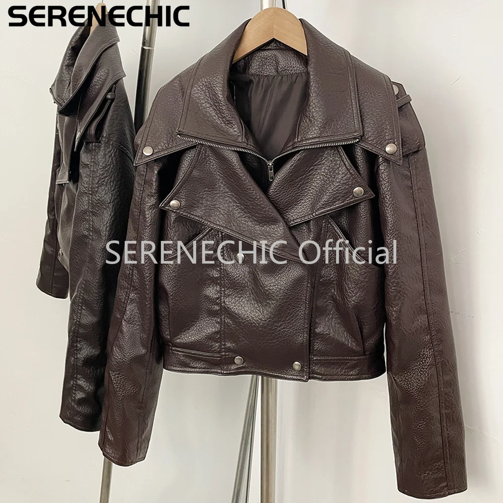 SERENECHIC Women's Black Faux Leather Cropped Moto Jacket Asymmetric Zip PU Biker Coat Female New Autumn Vintage Punk Outerwear