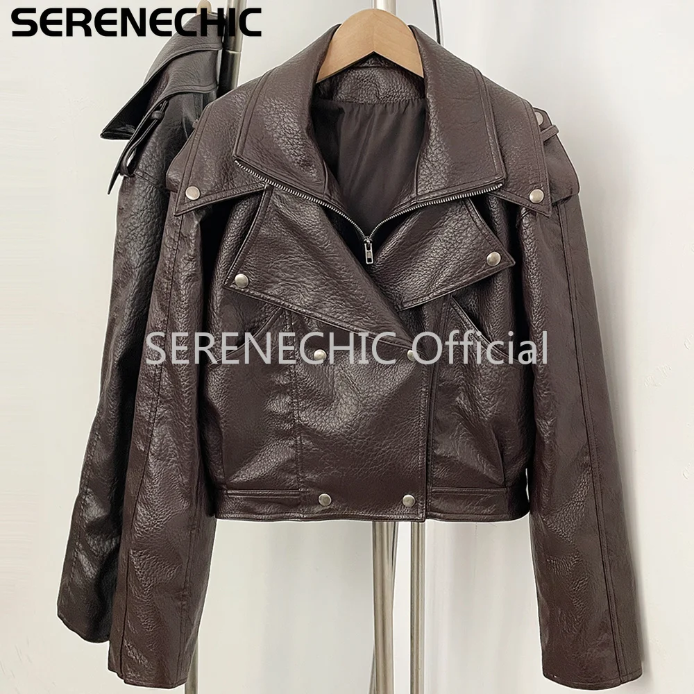 SERENECHIC Women's Black Faux Leather Cropped Moto Jacket Asymmetric Zip PU Biker Coat Female New Autumn Vintage Punk Outerwear
