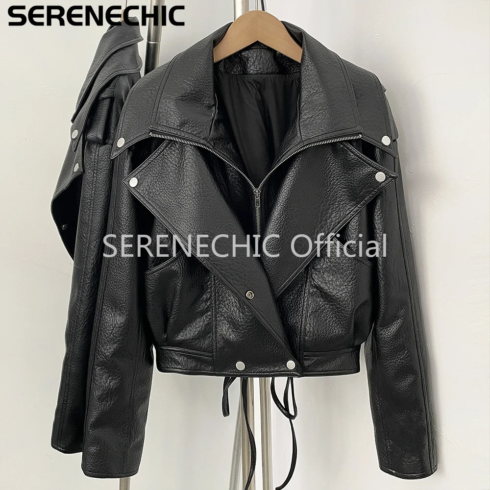 SERENECHIC Women's Black Faux Leather Cropped Moto Jacket Asymmetric Zip PU Biker Coat Female New Autumn Vintage Punk Outerwear