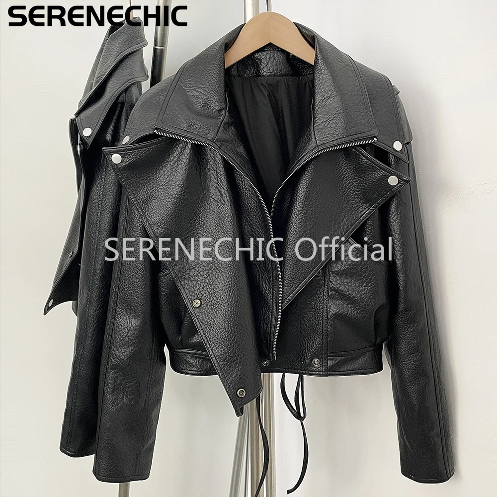 SERENECHIC Women's Black Faux Leather Cropped Moto Jacket Asymmetric Zip PU Biker Coat Female New Autumn Vintage Punk Outerwear