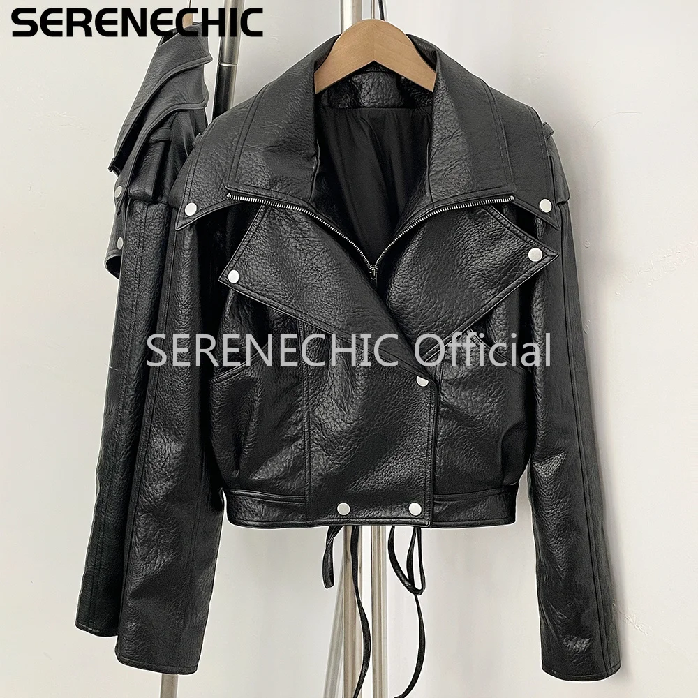SERENECHIC Women's Black Faux Leather Cropped Moto Jacket Asymmetric Zip PU Biker Coat Female New Autumn Vintage Punk Outerwear