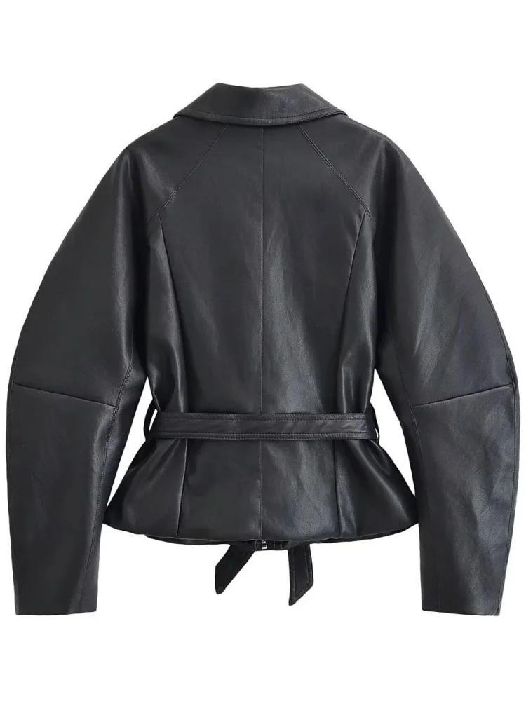 AACHOAE Women Faux Leather Jacket Belted Waist Oversized Moto Jacket Long Sleeve PU Leather Coat Casual Spring Autumn Outerwear