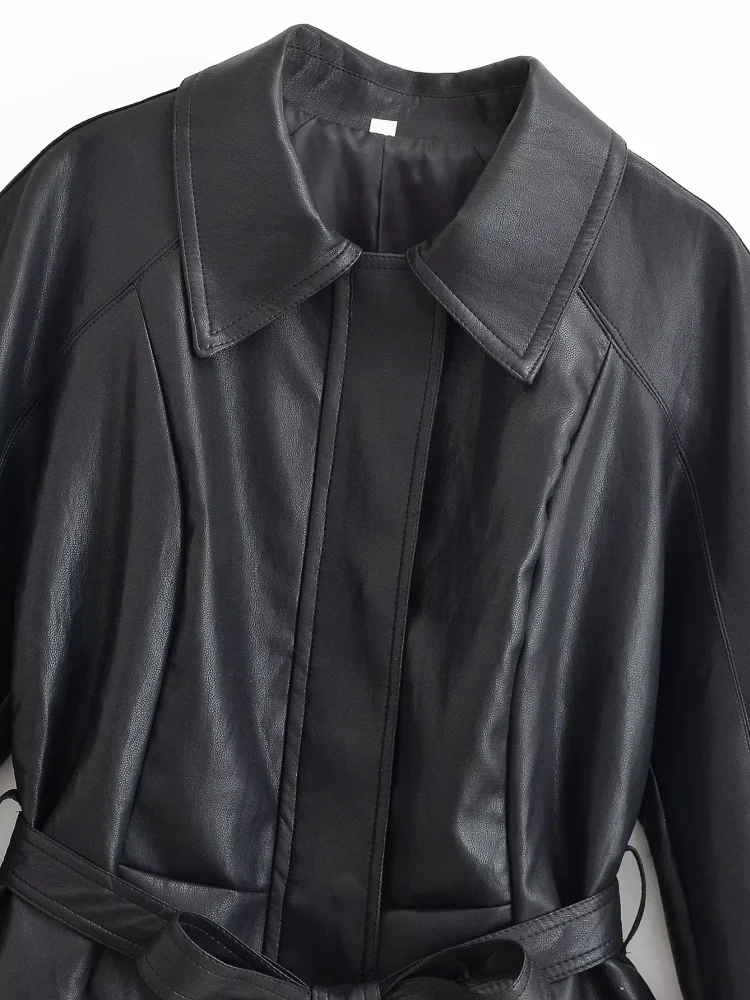 AACHOAE Women Faux Leather Jacket Belted Waist Oversized Moto Jacket Long Sleeve PU Leather Coat Casual Spring Autumn Outerwear