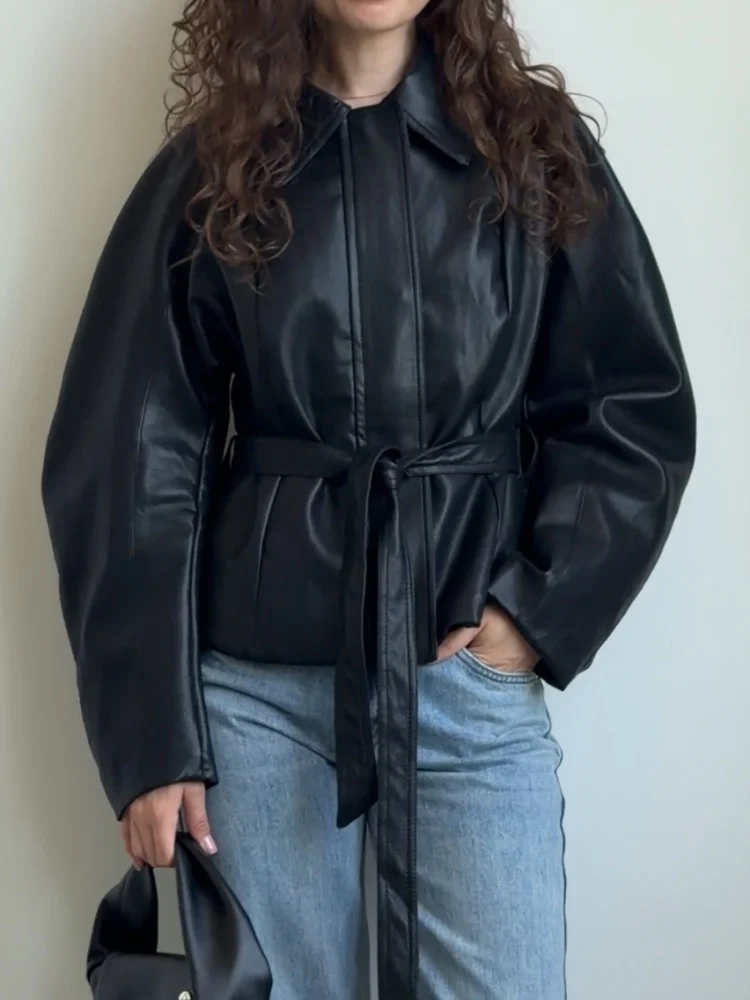 AACHOAE Women Faux Leather Jacket Belted Waist Oversized Moto Jacket Long Sleeve PU Leather Coat Casual Spring Autumn Outerwear