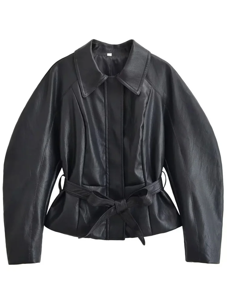 AACHOAE Women Faux Leather Jacket Belted Waist Oversized Moto Jacket Long Sleeve PU Leather Coat Casual Spring Autumn Outerwear