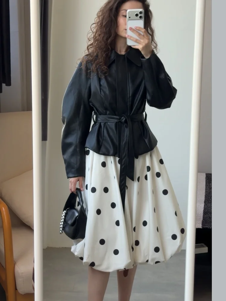 AACHOAE Women Faux Leather Jacket Belted Waist Oversized Moto Jacket Long Sleeve PU Leather Coat Casual Spring Autumn Outerwear