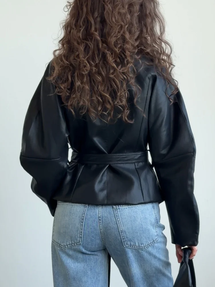 AACHOAE Women Faux Leather Jacket Belted Waist Oversized Moto Jacket Long Sleeve PU Leather Coat Casual Spring Autumn Outerwear