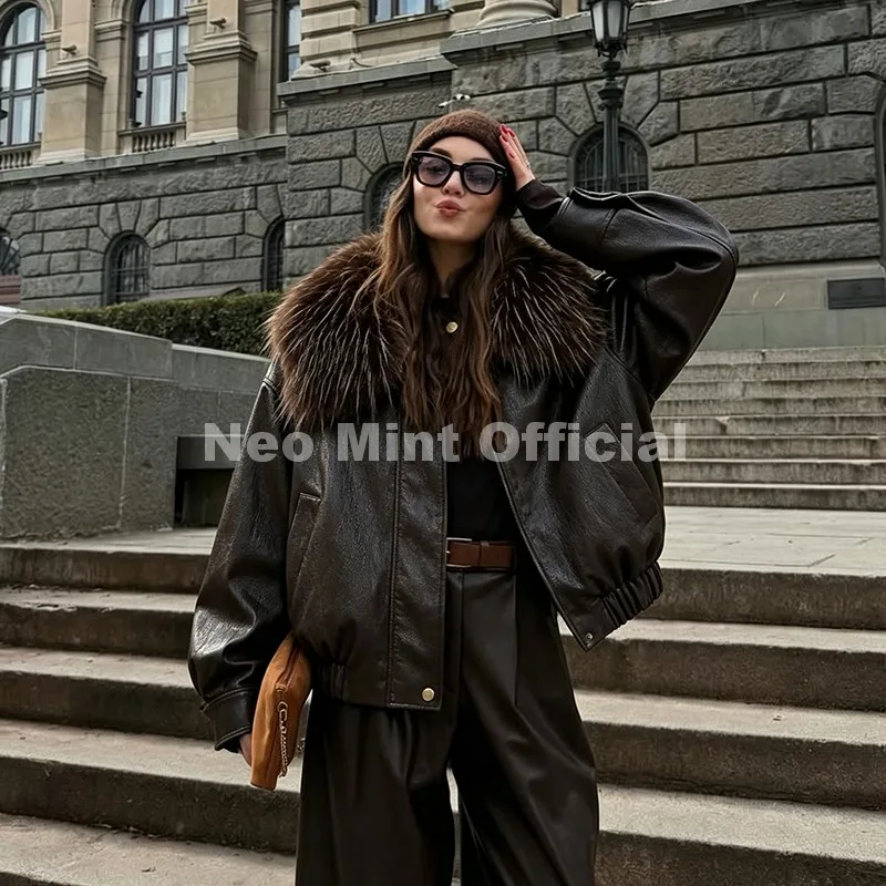 Neo Mint Exclusive Faux Raccoon Fur Collar Brown PU Leather Jacket Women 2026 Winter Warm Windproof Insulation Faux Leather Coat