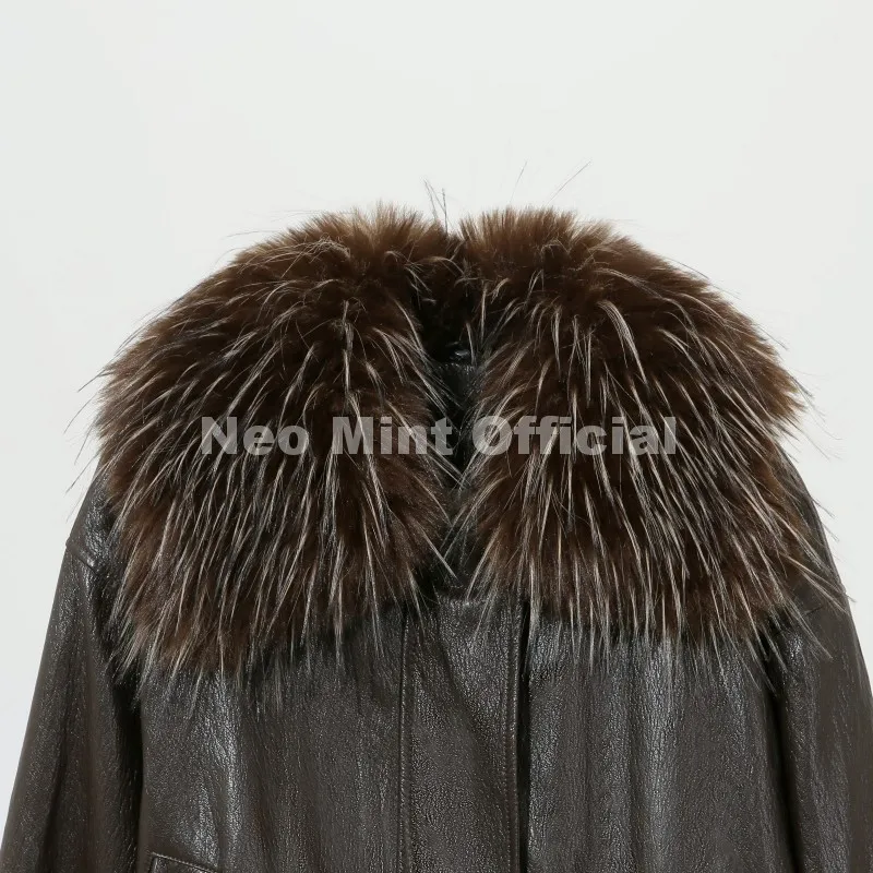 Neo Mint Exclusive Faux Raccoon Fur Collar Brown PU Leather Jacket Women 2026 Winter Warm Windproof Insulation Faux Leather Coat