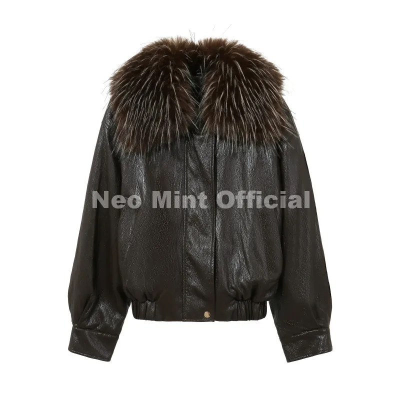 Neo Mint Exclusive Faux Raccoon Fur Collar Brown PU Leather Jacket Women 2026 Winter Warm Windproof Insulation Faux Leather Coat