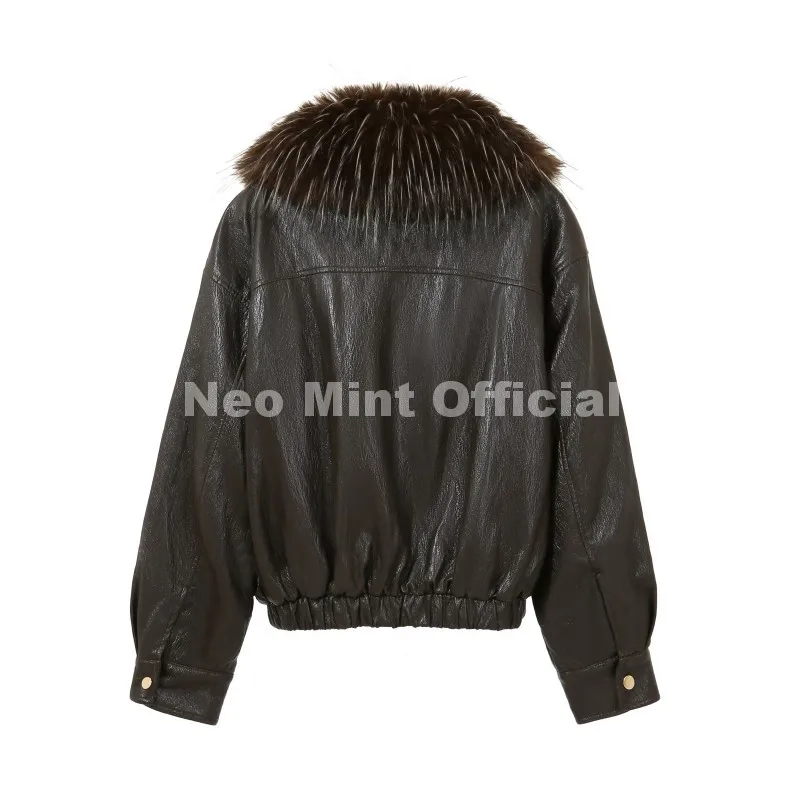 Neo Mint Exclusive Faux Raccoon Fur Collar Brown PU Leather Jacket Women 2026 Winter Warm Windproof Insulation Faux Leather Coat