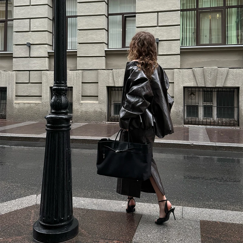 Street Zipper Leather Jackets Skirts Sets Women Loose Stand Collar Full Sleeve Coat Straight Skirt 2025 Autumn Winter Lady Suit
