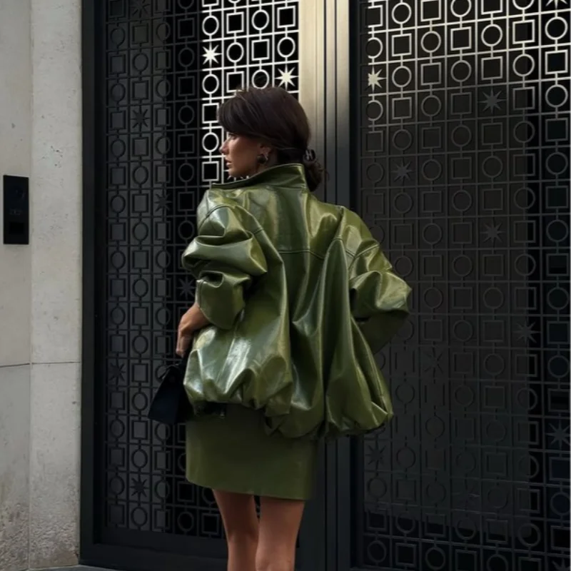 Street Zipper Leather Jackets Skirts Sets Women Loose Stand Collar Full Sleeve Coat Straight Skirt 2025 Autumn Winter Lady Suit