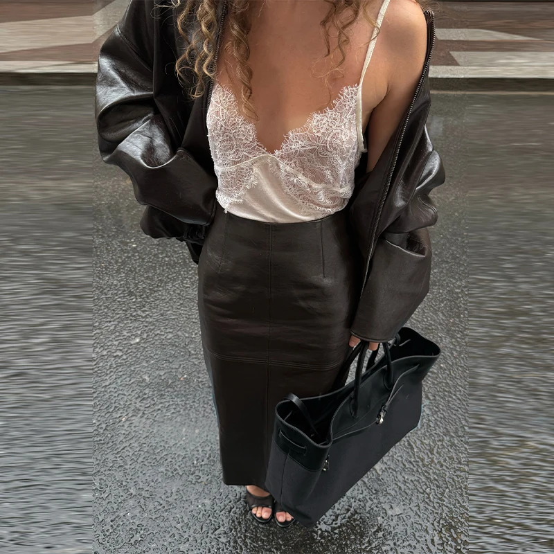 Street Zipper Leather Jackets Skirts Sets Women Loose Stand Collar Full Sleeve Coat Straight Skirt 2025 Autumn Winter Lady Suit