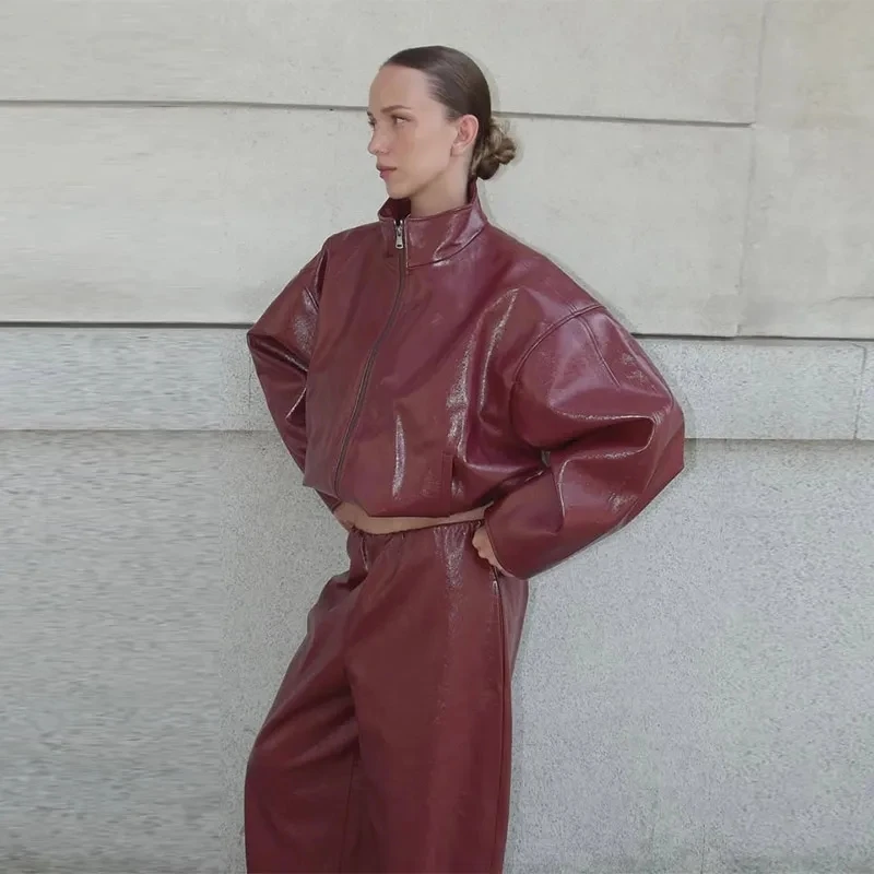 Street Zipper Leather Jackets Skirts Sets Women Loose Stand Collar Full Sleeve Coat Straight Skirt 2025 Autumn Winter Lady Suit