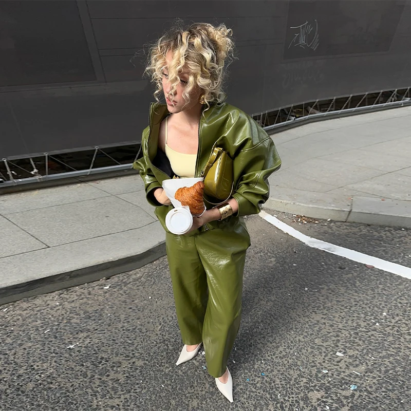Street Zipper Leather Jackets Skirts Sets Women Loose Stand Collar Full Sleeve Coat Straight Skirt 2025 Autumn Winter Lady Suit