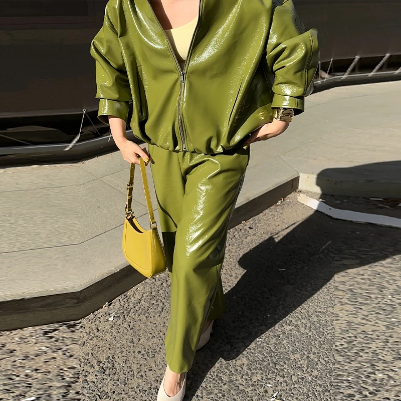 Street Zipper Leather Jackets Skirts Sets Women Loose Stand Collar Full Sleeve Coat Straight Skirt 2025 Autumn Winter Lady Suit