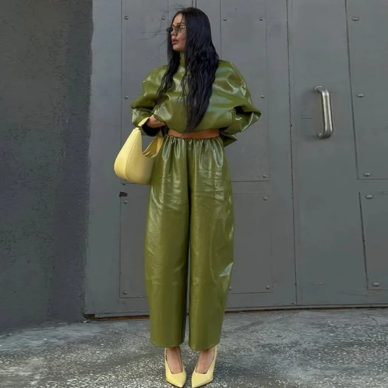Street Zipper Leather Jackets Skirts Sets Women Loose Stand Collar Full Sleeve Coat Straight Skirt 2025 Autumn Winter Lady Suit