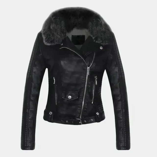 2026 Hot Fashion Women New Winter Warm Faux Leather Jackets with Fur Collar Belt Ladies Thick Black Moto & Biker Outerwear Coats