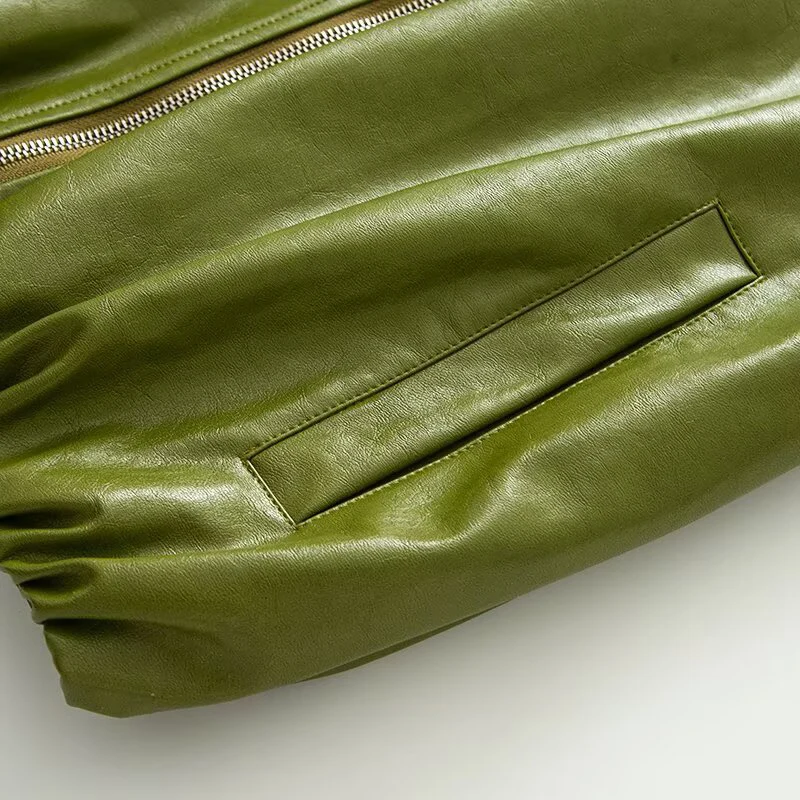 Green PU leather jacket women's autumn 2025 new item small and short motorcycle jacket top