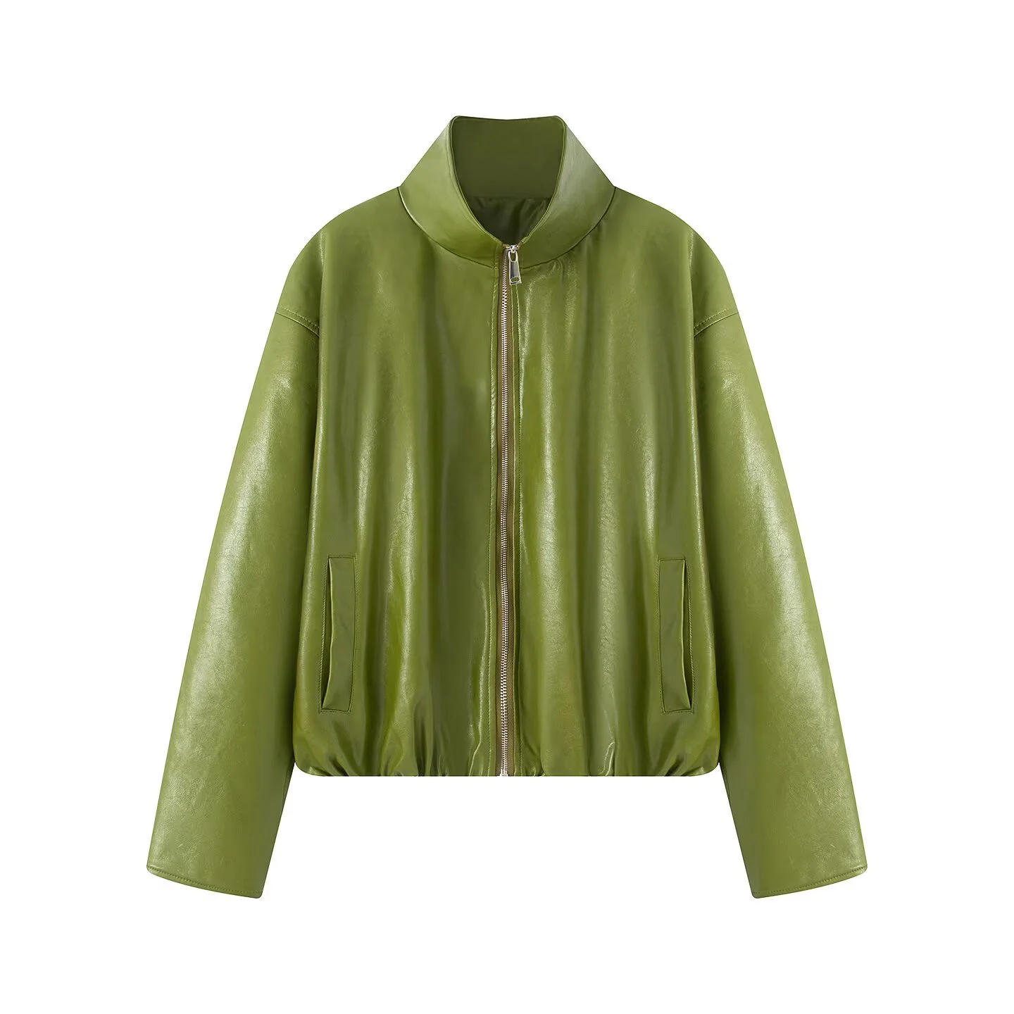 Green PU leather jacket women's autumn 2025 new item small and short motorcycle jacket top