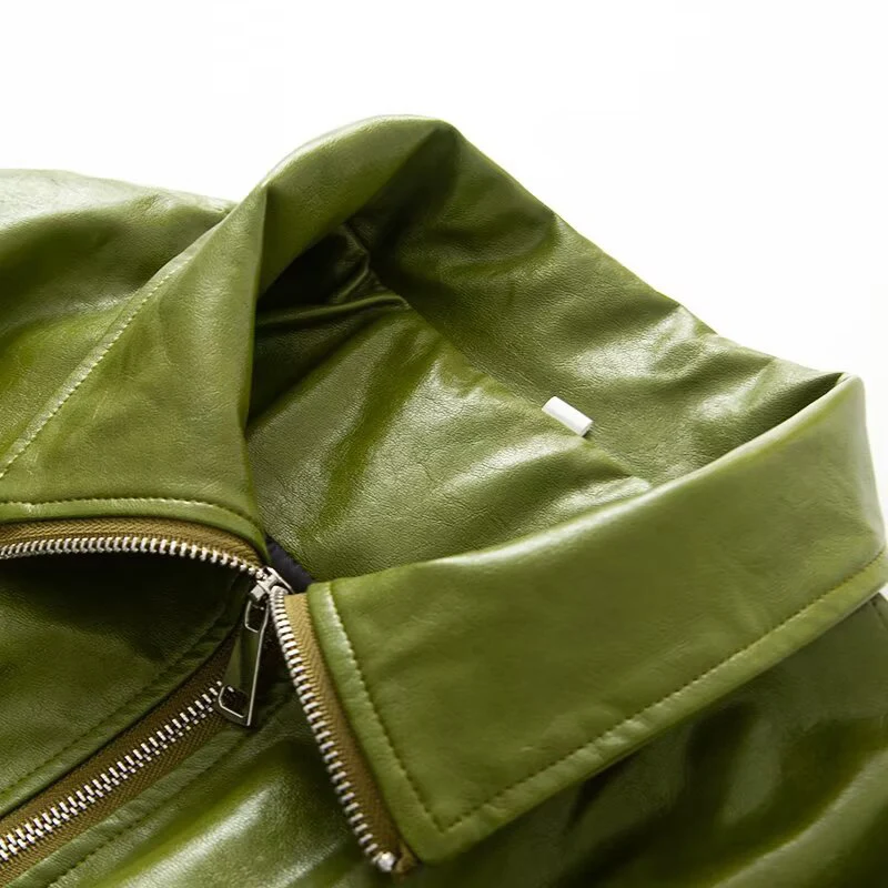 Green PU leather jacket women's autumn 2025 new item small and short motorcycle jacket top
