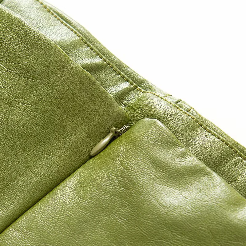 Green PU leather jacket women's autumn 2025 new item small and short motorcycle jacket top