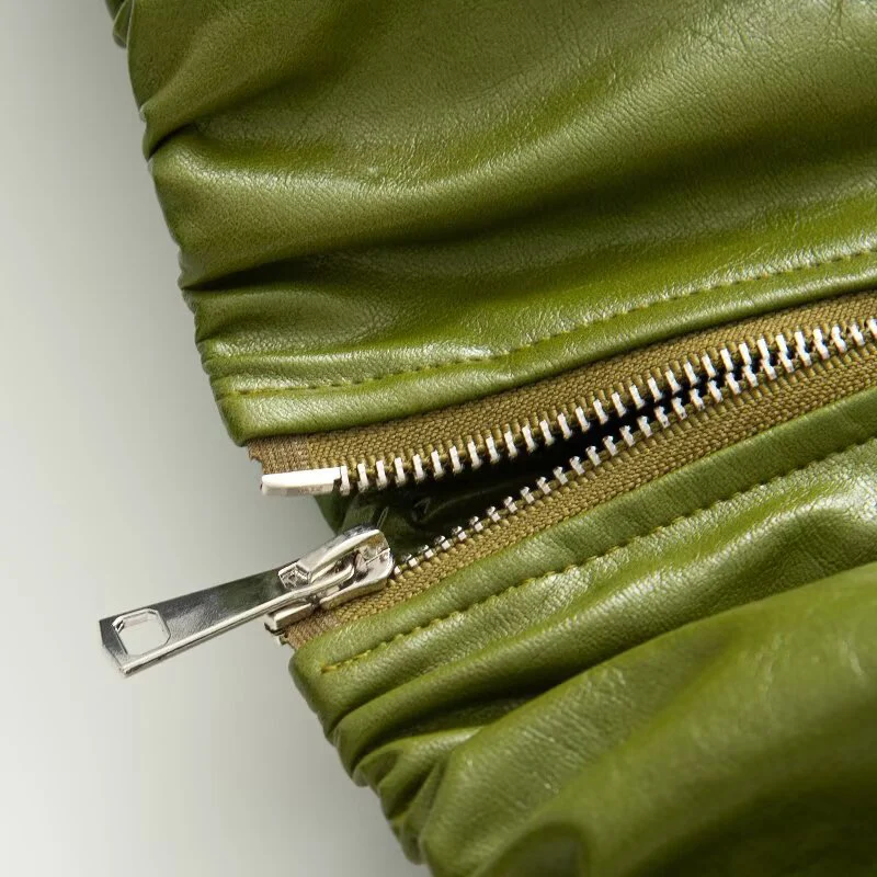 Green PU leather jacket women's autumn 2025 new item small and short motorcycle jacket top