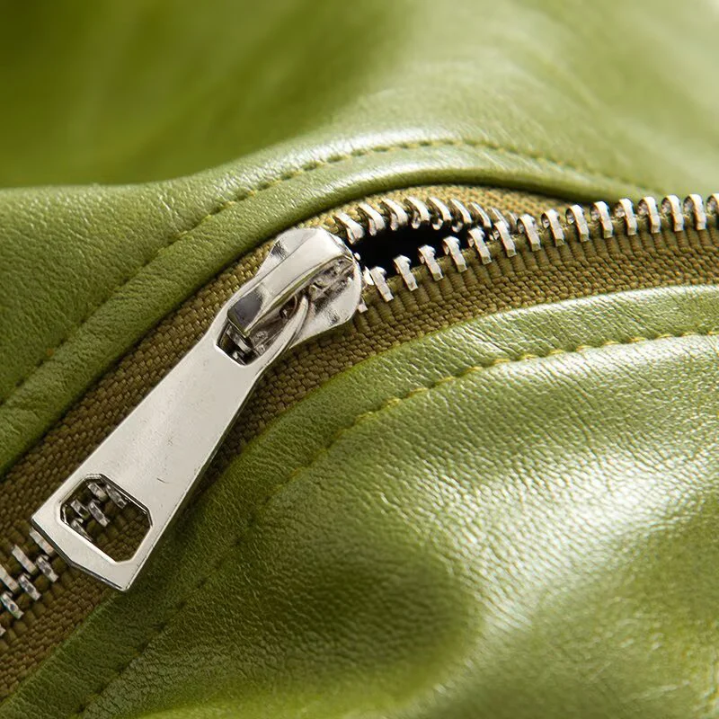 Green PU leather jacket women's autumn 2025 new item small and short motorcycle jacket top