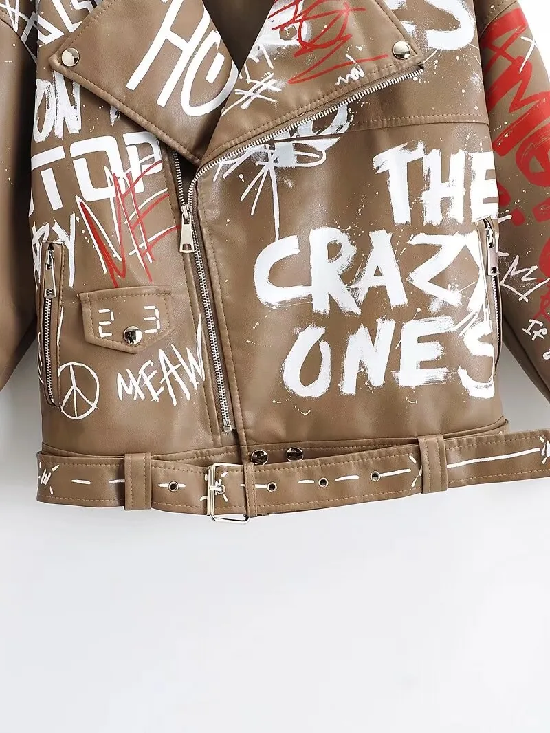 2025 Women Autumn Winter Faux Soft Leather Jackets Coats Lady White Black PU Rivet Zipper Epaulet 3D Print Motorcycle Streetwear