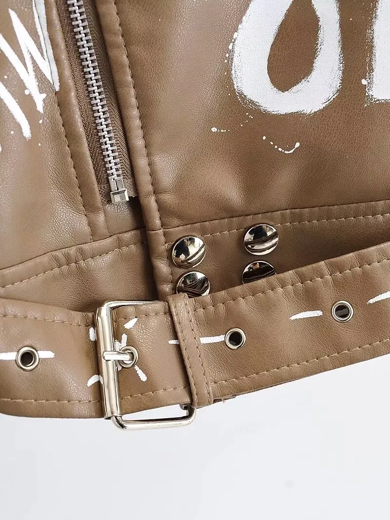 2025 Women Autumn Winter Faux Soft Leather Jackets Coats Lady White Black PU Rivet Zipper Epaulet 3D Print Motorcycle Streetwear