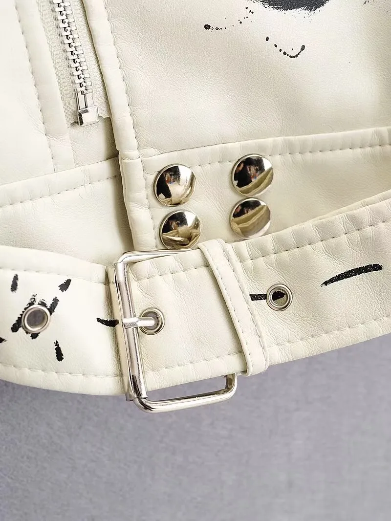 2025 Women Autumn Winter Faux Soft Leather Jackets Coats Lady White Black PU Rivet Zipper Epaulet 3D Print Motorcycle Streetwear