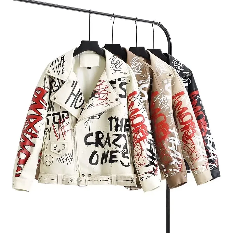 2025 Women Autumn Winter Faux Soft Leather Jackets Coats Lady White Black PU Rivet Zipper Epaulet 3D Print Motorcycle Streetwear