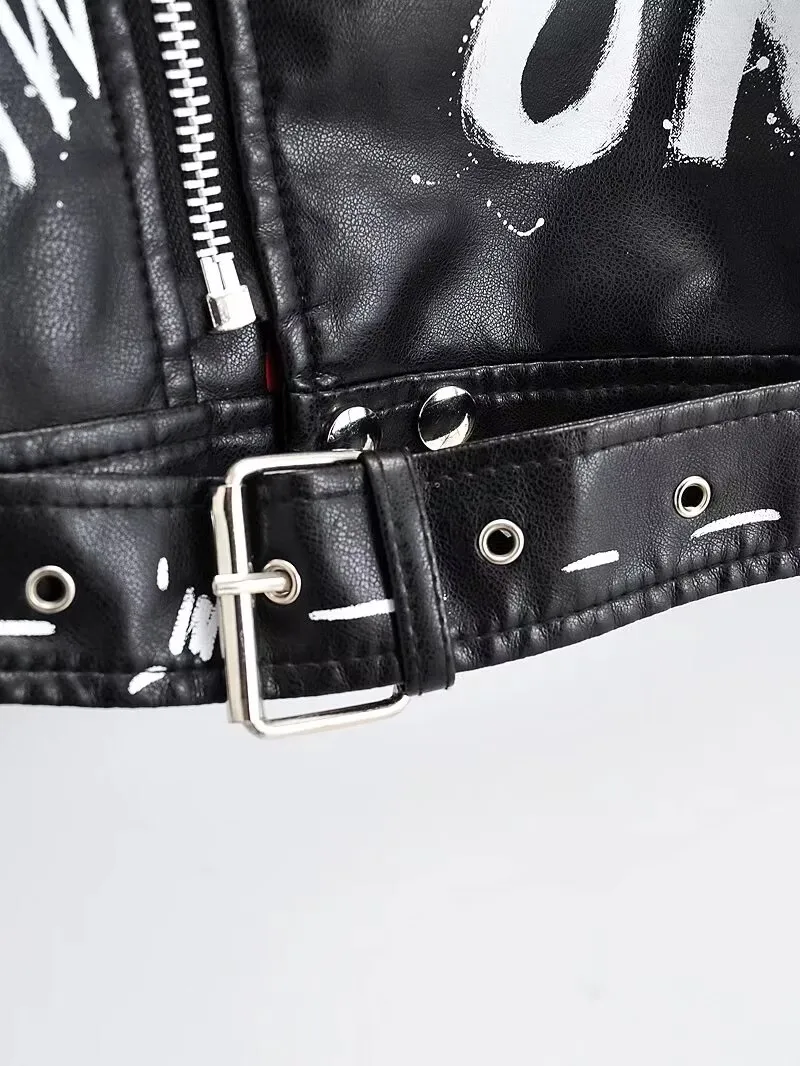 2025 Women Autumn Winter Faux Soft Leather Jackets Coats Lady White Black PU Rivet Zipper Epaulet 3D Print Motorcycle Streetwear
