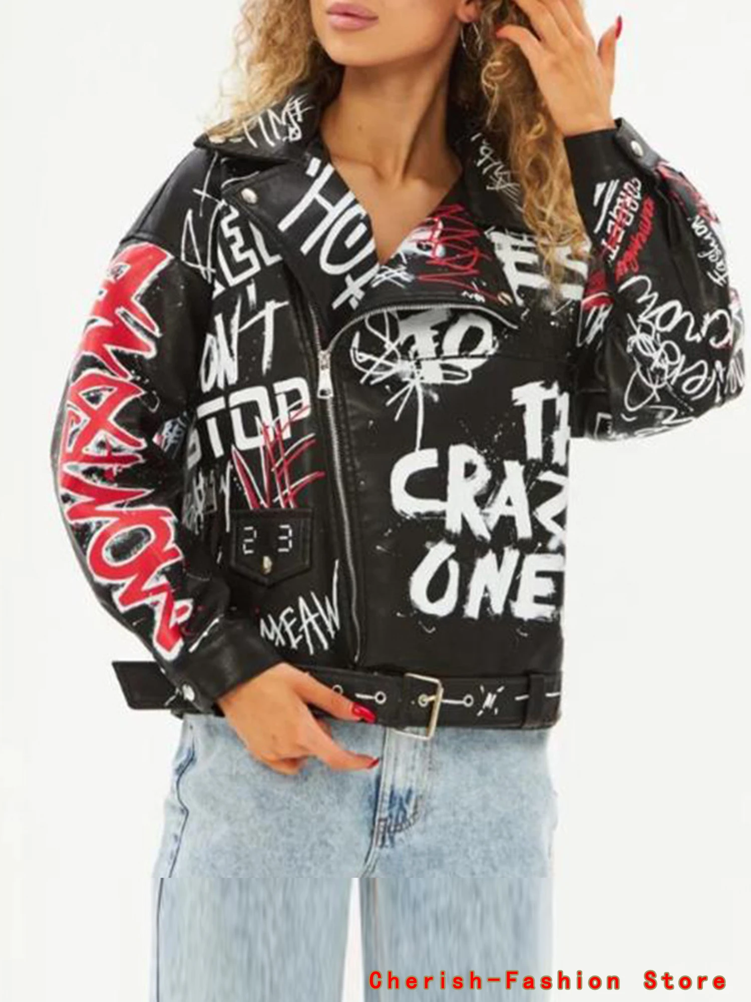 2025 Women Autumn Winter Faux Soft Leather Jackets Coats Lady White Black PU Rivet Zipper Epaulet 3D Print Motorcycle Streetwear