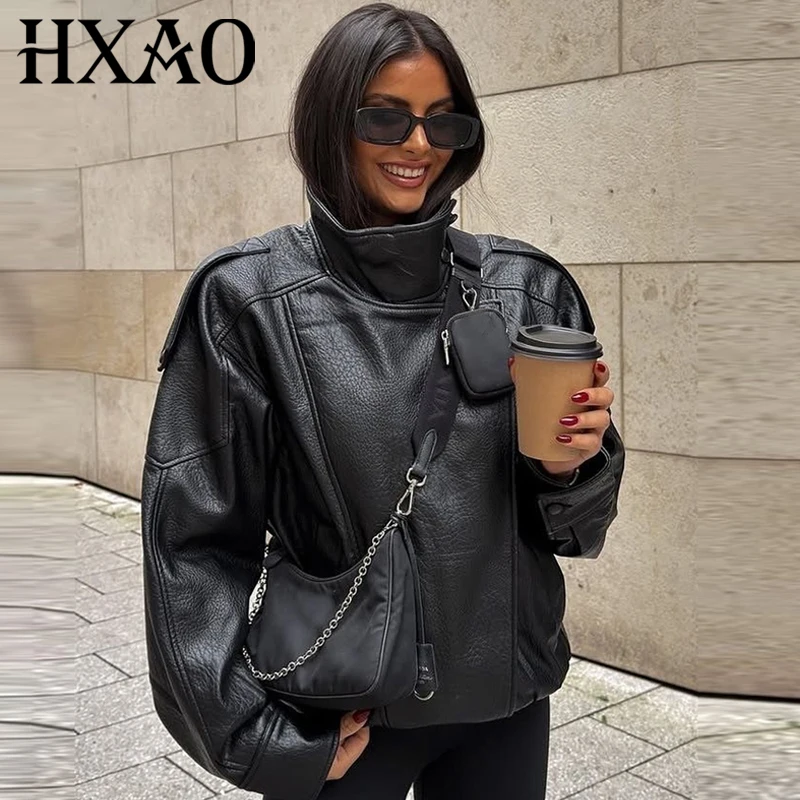 HXAO Women's Jackets Black Faux Leather Jacket Woman 2025 Asymmetric Long Sleeve Outerwears New In Coats & Jackets Biker Jacket