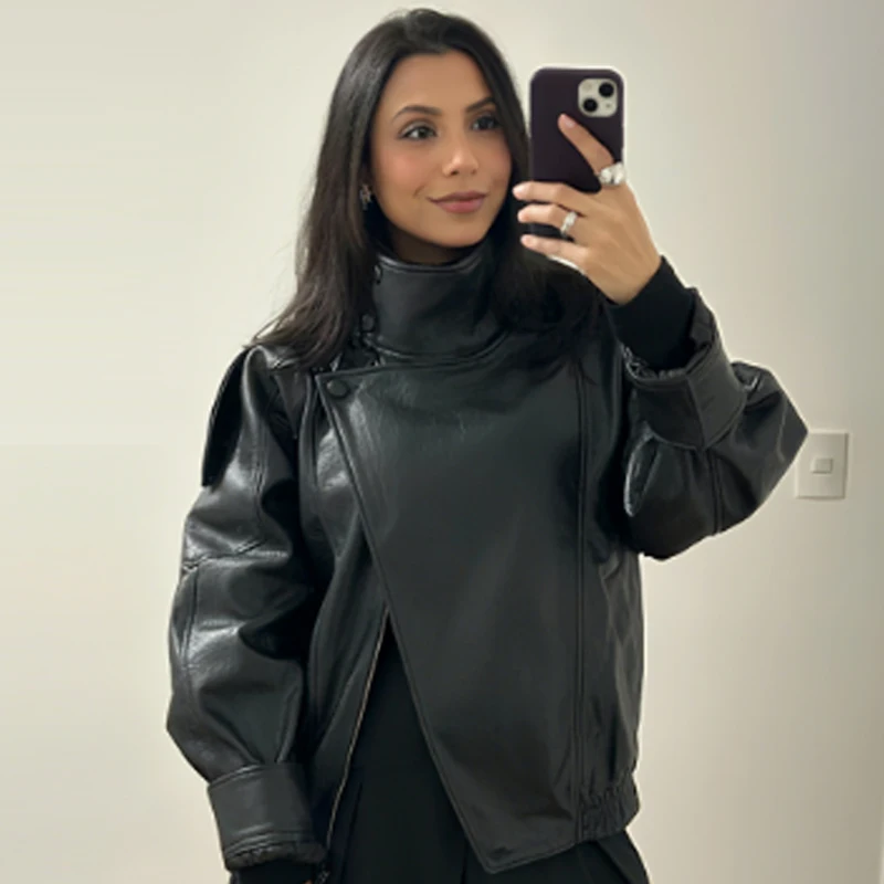 HXAO Women's Jackets Black Faux Leather Jacket Woman 2025 Asymmetric Long Sleeve Outerwears New In Coats & Jackets Biker Jacket