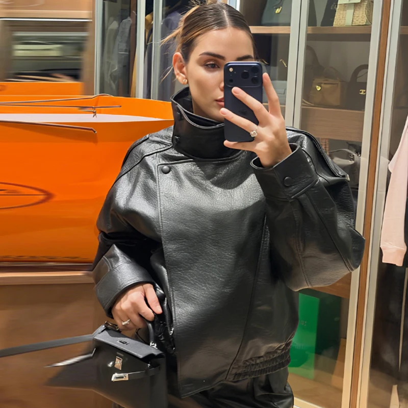 HXAO Women's Jackets Black Faux Leather Jacket Woman 2025 Asymmetric Long Sleeve Outerwears New In Coats & Jackets Biker Jacket