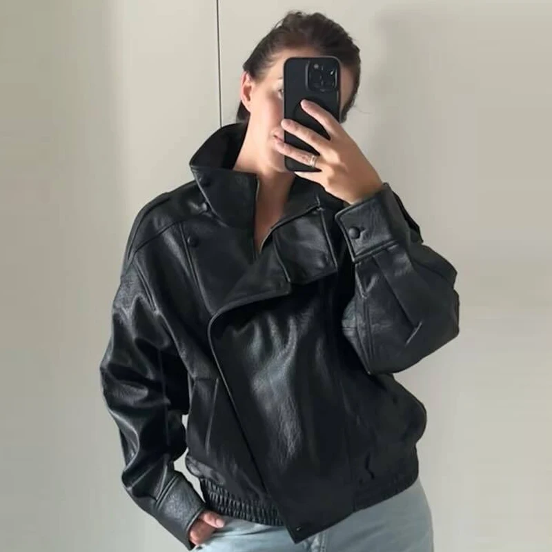 HXAO Women's Jackets Black Faux Leather Jacket Woman 2025 Asymmetric Long Sleeve Outerwears New In Coats & Jackets Biker Jacket