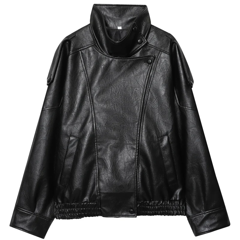 HXAO Women's Jackets Black Faux Leather Jacket Woman 2025 Asymmetric Long Sleeve Outerwears New In Coats & Jackets Biker Jacket