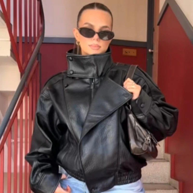 HXAO Women's Jackets Black Faux Leather Jacket Woman 2025 Asymmetric Long Sleeve Outerwears New In Coats & Jackets Biker Jacket