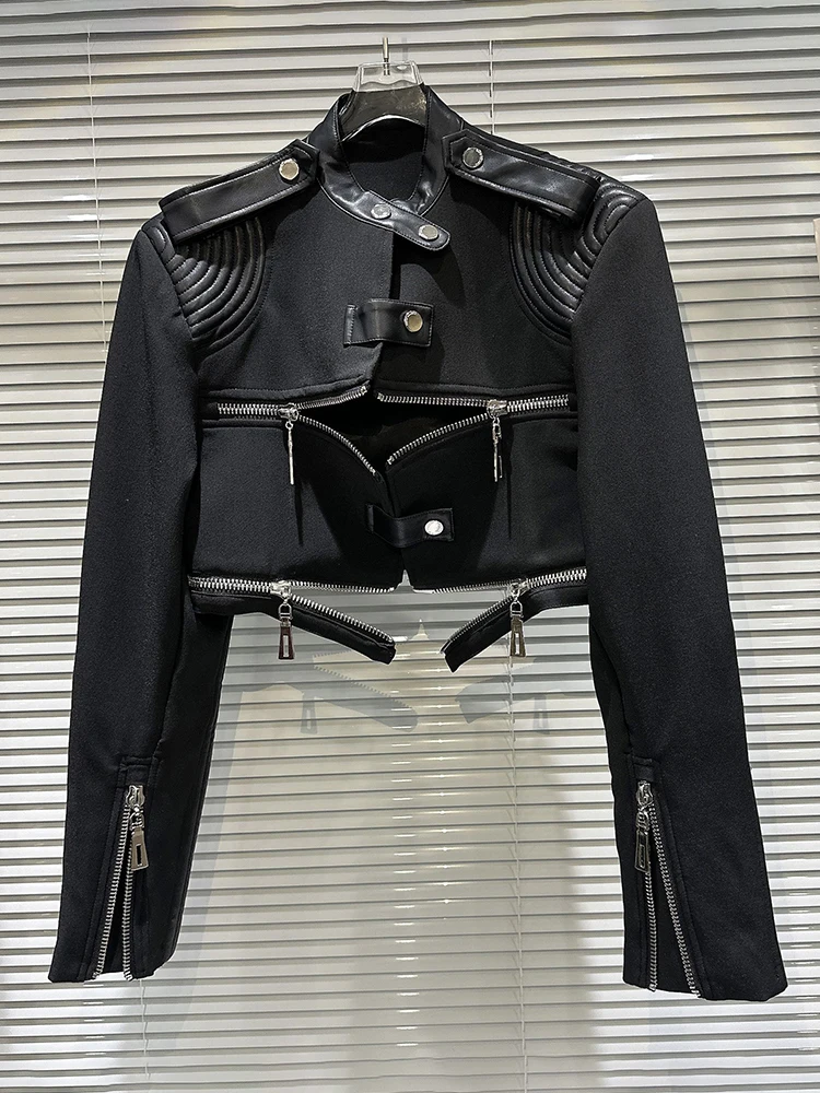 DEAT 2024 Autumn Fashion Zipper Design Stand Collar PU Leather Coat For Women Long Sleeve O-neck Shoulder Pad Jacket 11XX6865