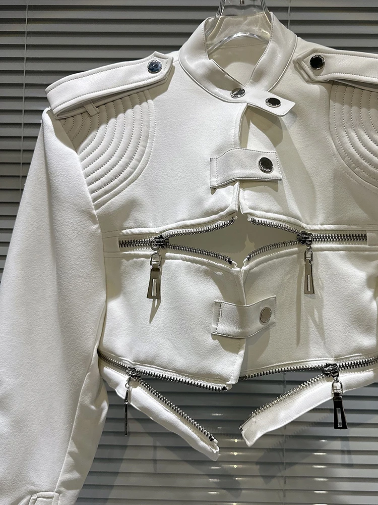 DEAT 2024 Autumn Fashion Zipper Design Stand Collar PU Leather Coat For Women Long Sleeve O-neck Shoulder Pad Jacket 11XX6865