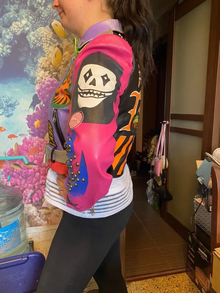 3xl women and men rivet beading pu leather jacket hit color streetstyle Graffiti outerwear letters printed leather jackets